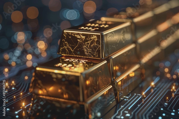 Fototapeta Gold bars stack on rate product life cycle stages with graphical data.