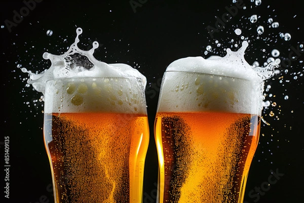 Obraz Close-up of two beer glasses toasting, empty black background	