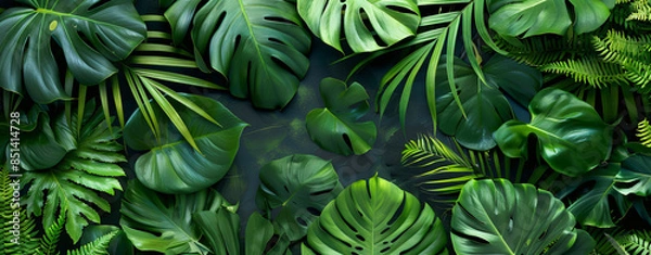 Obraz Abstract texture of green tropical leaves, ferns and monstera in a dark forest nature background.