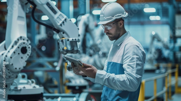 Obraz Automation engineers use tablets to program robot arms in a smart factory for digital factory production technology showing industrial automation processes.