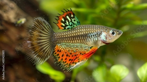 Fototapeta Vibrant Guppy Showcasing Colorful Tail in Lively Aquarium Scene