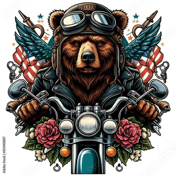 Obraz A bear design colours drawing graphic wearing a motorcycle helmet and glasses engaging eyecatching unique.