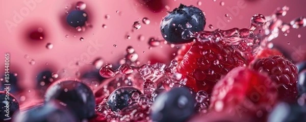 Obraz Close-up of fresh raspberries and blueberries splashing in water, capturing the vibrant colors and textures of the fruits.