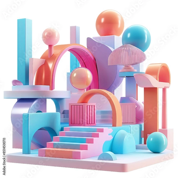 Fototapeta Colorful abstract geometric shapes composition in pastel colors, modern 3D rendering, ideal for backgrounds, and design elements.
