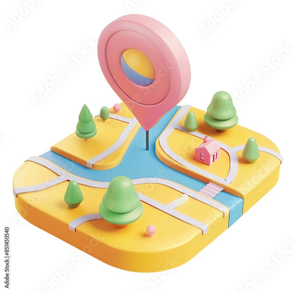 Fototapeta 3D illustration of a colorful GPS map with a location pin, trees, and a small house. Navigation, direction, and travel concept.