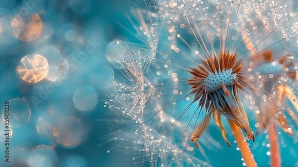 Fototapeta 
Dew-covered dandelion seeds shimmering in the light, on a tranquil blue and turquoise background, captured in high-definition macro.