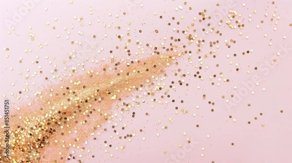 Fototapeta 
Delicate metallic glitter in shades of gold and pink scattered on a minimalistic light pink background, evoking a sense of elegance. 