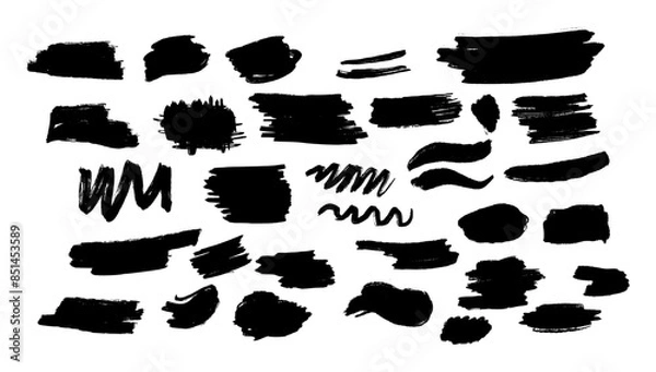 Fototapeta Collection of doodles unique black marker illustrations featuring a variety of freeform shapes, intricate scribbles, and dynamic lines on white background, showcasing different sizes and complexities