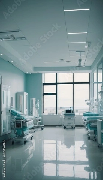 Fototapeta A contemporary operating room, fully equipped with the latest medical technology and maintaining strict sterility for safe and effective surgical procedures