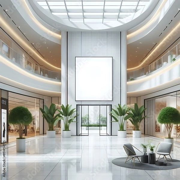 Fototapeta A large building with a large window and Modern commercial building interior with A large blank white screen frame optimized optimized.