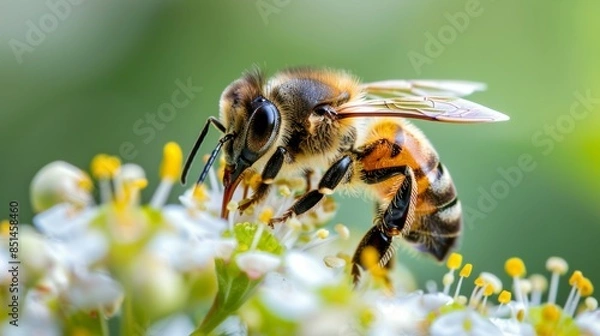 Fototapeta A close-up of a bee pollinating a flower, highlighting the crucial role of pollinators in maintaining ecosystem health and the importance of biodiversity