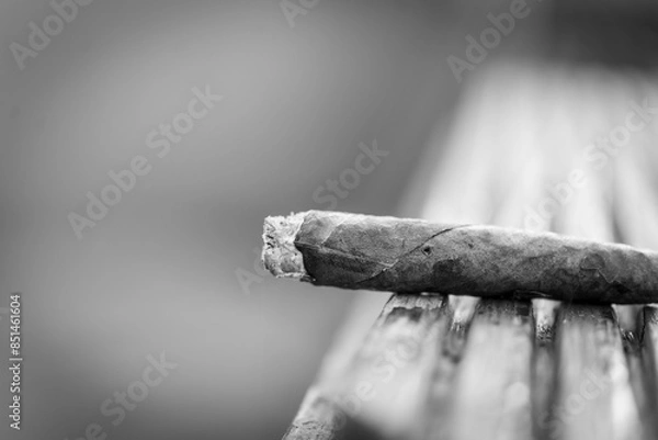 Fototapeta Close-up of a cigar sitting on a wooden bench. Black and white.