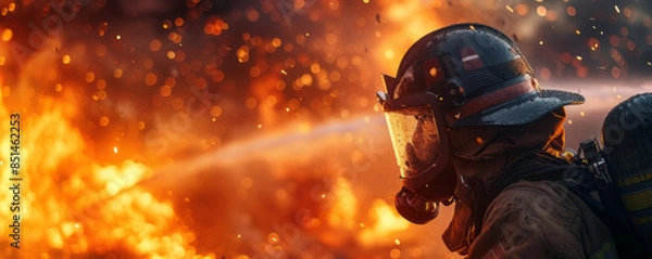 Fototapeta A firefighter extinguishing flames and rescuing people from a burning building.