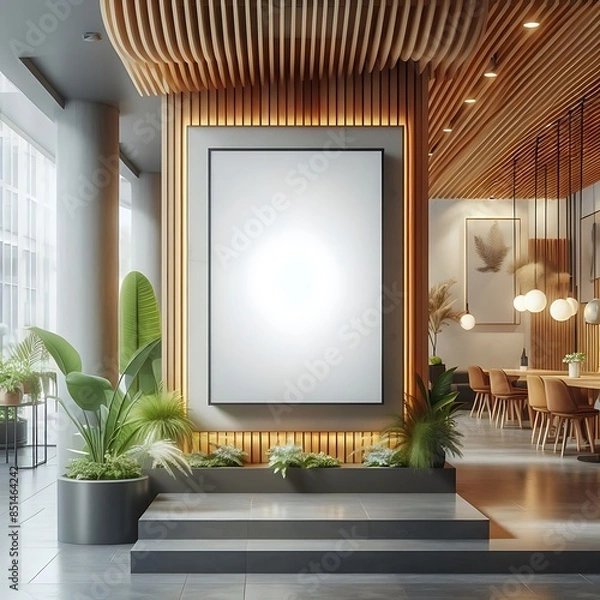 Obraz A room style interior set design with A large rectangular empty white frame and plants.