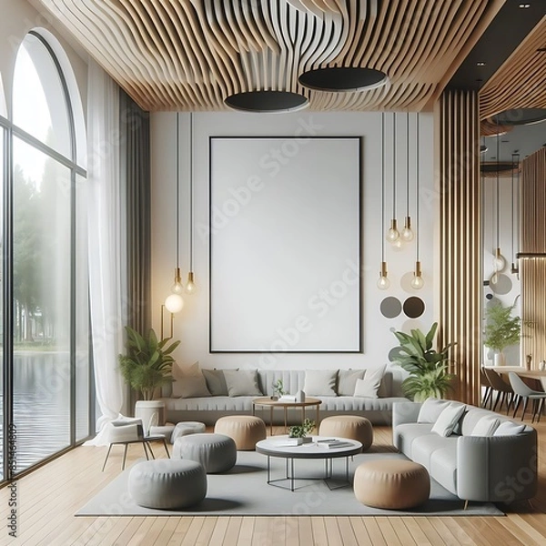 Obraz A room style interior set design with a large window and a large sofa and a table optimized.