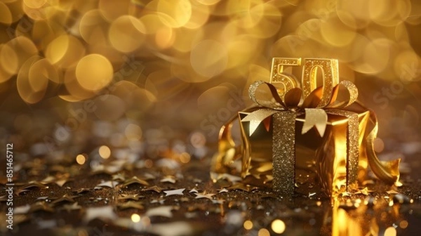 Obraz 50th Anniversary celebration. Number in the form of golden balloons. Realistic 3d gold numbers and sparkling confetti, serpentine. Horizontal template for Birthday or wedding event. Vector