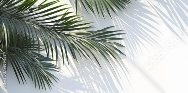 Obraz Green Tropical palm leaves with shadows on white wall