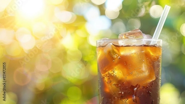 Fototapeta Close-up of a cold brew coffee in a glass with ice cubes and a straw, with a blurred summer outdoor setting
