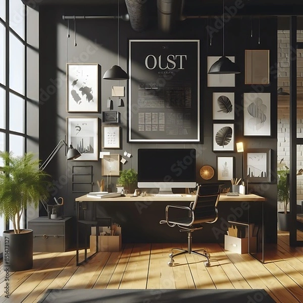 Obraz A working room there is an poster empty white with a computer desk and A chair and poster mockup highquality engaging highquality professional.