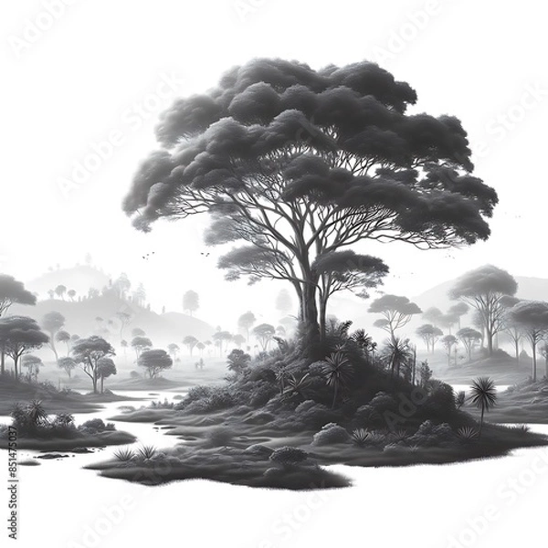 Fototapeta A black and white drawing of a tree design drawing graphic on a small island Artistic Vibrant engaging.