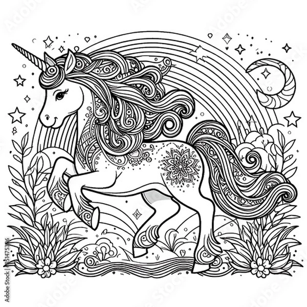 Fototapeta A black and white drawing of a unicorn coloring page design colours drawing graphic eyecatching vector unique realistic vector.