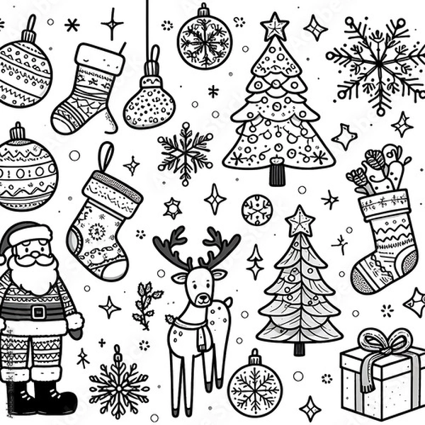Fototapeta A black and white image of various christmas objects unique.