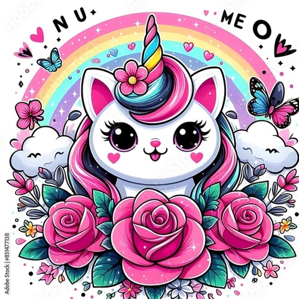 Fototapeta A cartoon of a unicorn with flowers and butterflies highquality vector Illustrative.