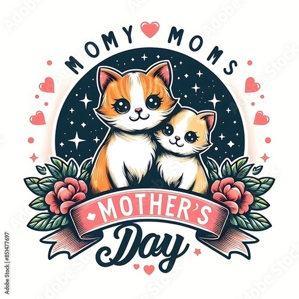 Fototapeta A cat design drawing graphic and kittens with flowers and stars eyecatching engaging accessible Illustrative.