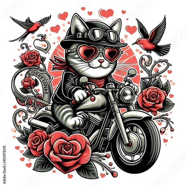 Fototapeta A cat design drawing graphic wearing sunglasses and a motorcycle eyecatching unique engaging accessible.