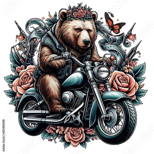 Obraz A bear design colours drawing graphic riding a motorcycle design colours drawing graphic.