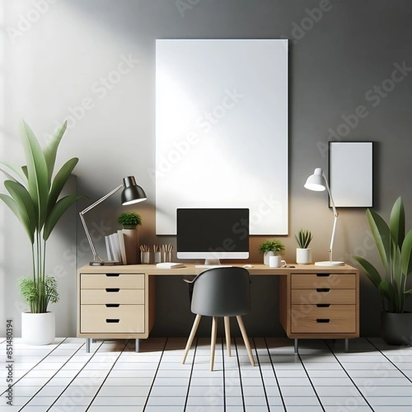 Fototapeta A desk with A chair and poster mockup with poster empty white in work working home style interior set design and a computer informative engaging unique.