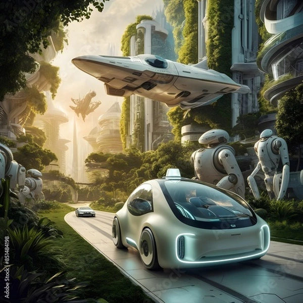 Obraz A futuristic vision of technology, where advanced robots and machines coexist with nature. A sleek, self-driving car glides along apathway, surrounded by skyscrapers that blend seamlessly with greener