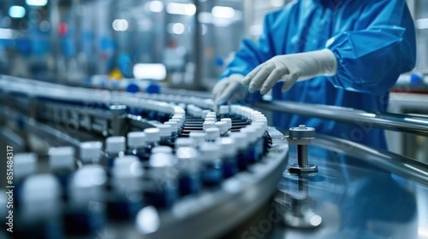 Fototapeta A pharmacist scientist, adorned with sanitary gloves, is inspecting medical vials as they traverse a production line conveyor belt within a pharmaceutical factory equipped.