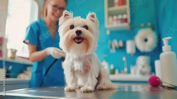 Obraz Cute dog on groomer's table before haircut. Dog sitting on grooming table, master's tools lying next to it. Animal concept, pet life, pet lovers, grooming, veterinary.