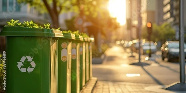 Fototapeta A row of eco-friendly trash cans. The sun shines and illuminates the garbage box, creating a beautiful scene symbolising the concept of environmental protection, renewables, and recycling. 