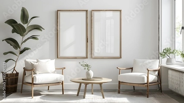 Fototapeta A realistic mockup of two blank wooden frames hanging on the wall in an elegant living room with white walls, cozy armchairs and coffee table.