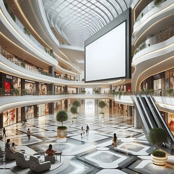 Fototapeta A large shopping mall has a large mockup white screen with a large screen eyecatching Illustrative unique vector.