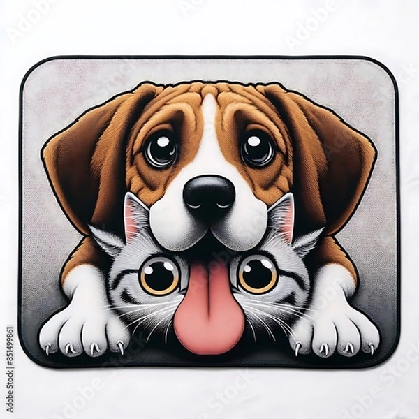 Fototapeta A mouse pad with a dog design drawing graphic and cat design drawing graphic face Vibrant highquality eyecatching Artistic.