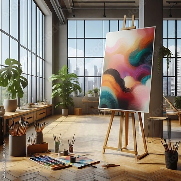 Fototapeta A painting on a easel in A room style interior set design with large windows informative creative unique creative photos.