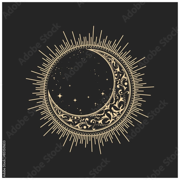 Fototapeta Mystical sun and half-moon filled with pattern, ornate crescent in tarot style, magic jewel, occult symbol, vector