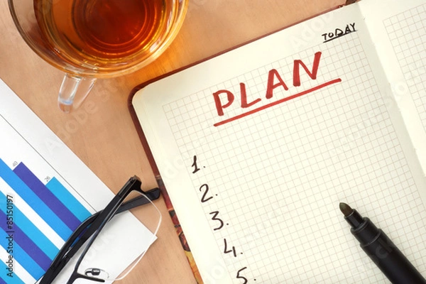 Obraz Notatnik z koncepcją planu słów i okularami