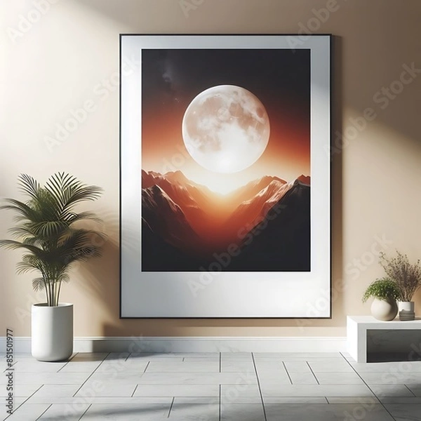 Fototapeta A picture of a moon and mountains in A room style interior set design unique.