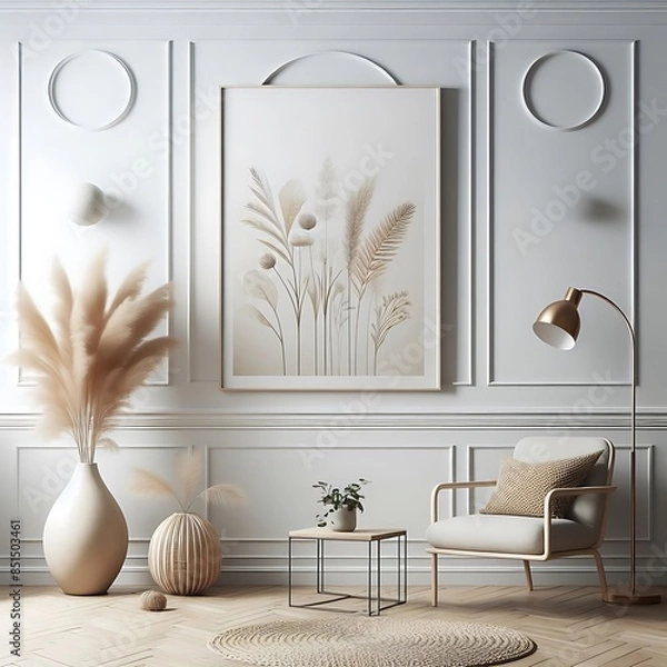 Fototapeta A Reception living room style interior set design with A chair and poster mockup and a painting on the wall informative informative optimized Vibrant.