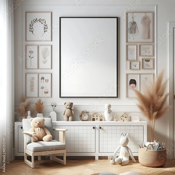 Fototapeta A Reception living room style interior set design with A chair and poster mockup and teddy bear informative Vibrant unique engaging.