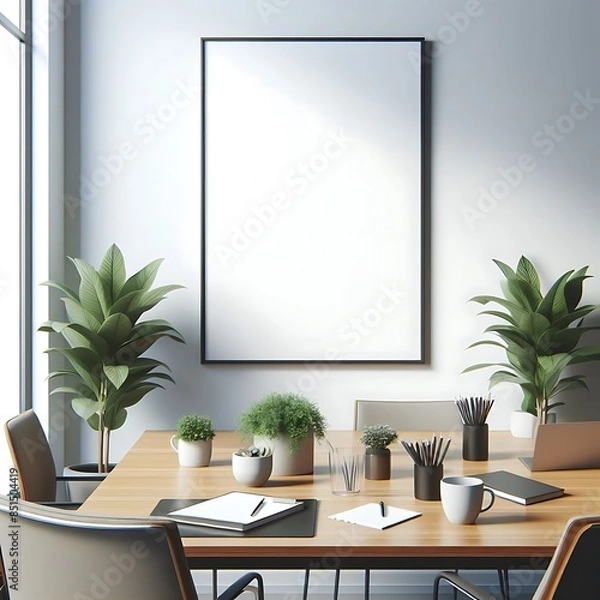 Fototapeta A table with a laptop and a picture frame decoration on the wall creative unique informative creative.