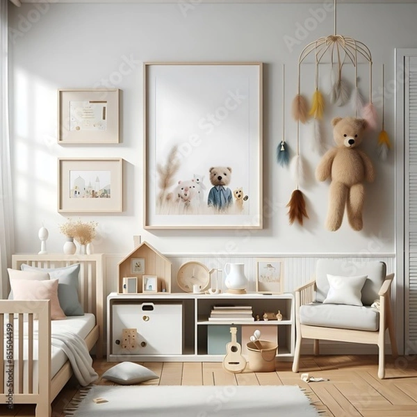 Fototapeta A room style interior set design with A bed in bedroom style interior set design and a teddy bear on the wall informative creative.