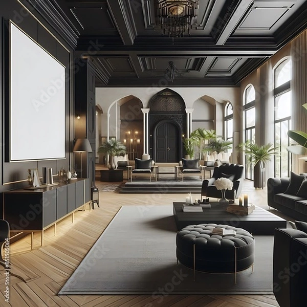 Fototapeta A room style interior set design with a large black and white wall informative optimized creative.
