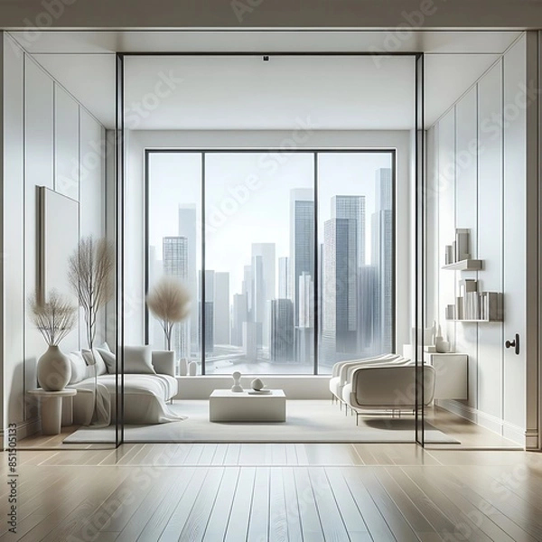 Fototapeta A room style interior set design with a large glass wall and a couch and a coffee table informative optimized informative.