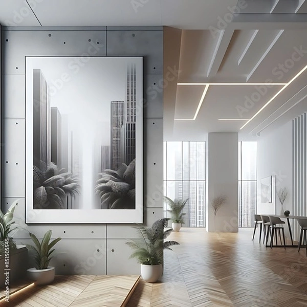 Fototapeta A room style interior set design with a large picture on the wall informative informative.