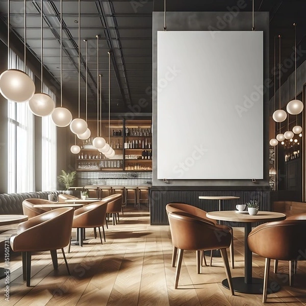 Fototapeta A room style interior set design with a large poster from the ceiling informative informative.